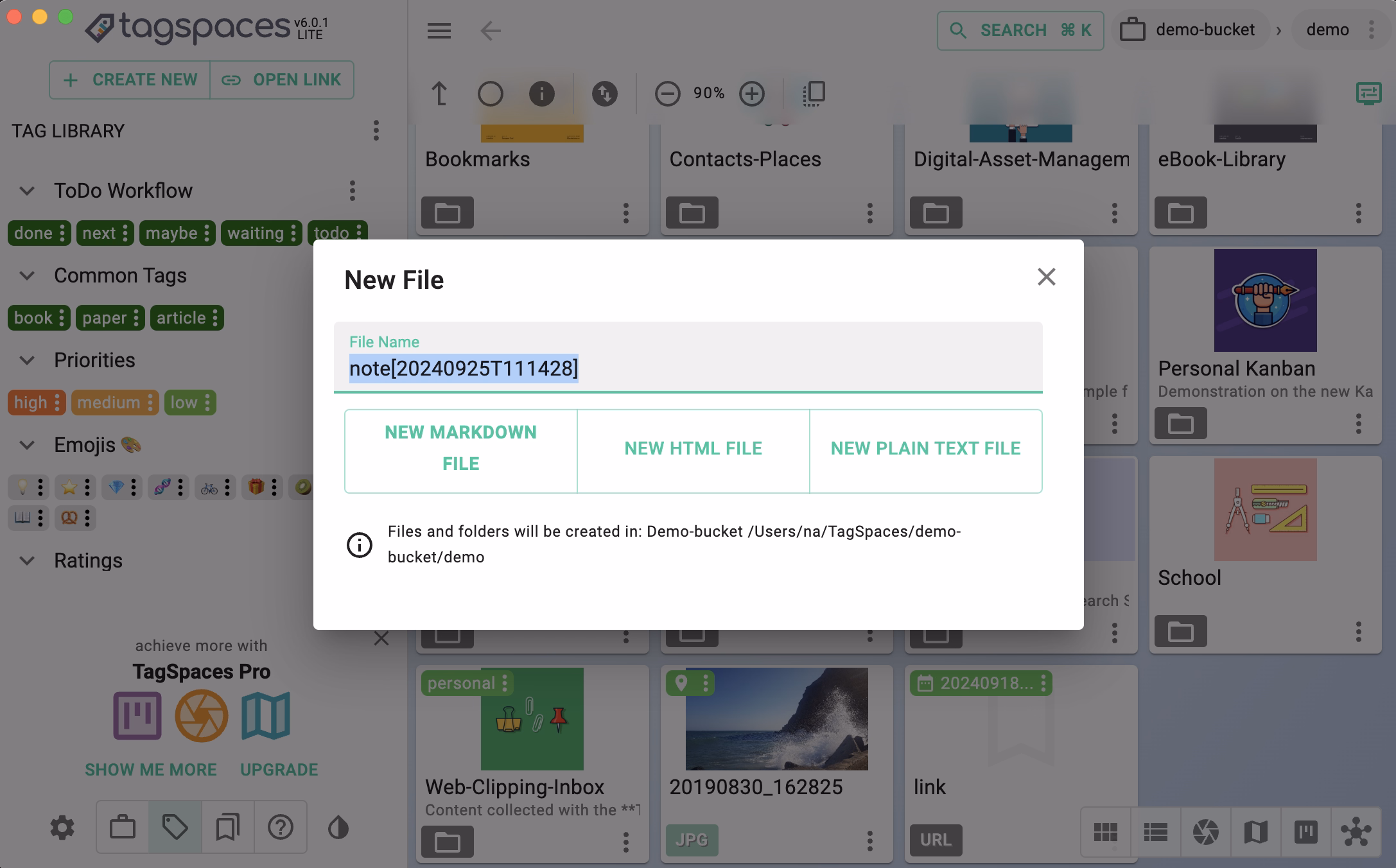 Creating notes as text files with TagSpaces