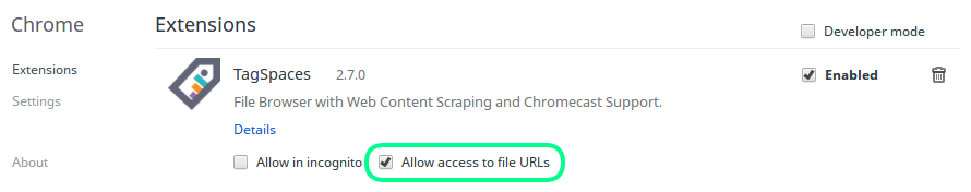 Screenshot showing how to enable the file access in chrome