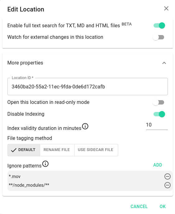 Screenshot showing extended location options
