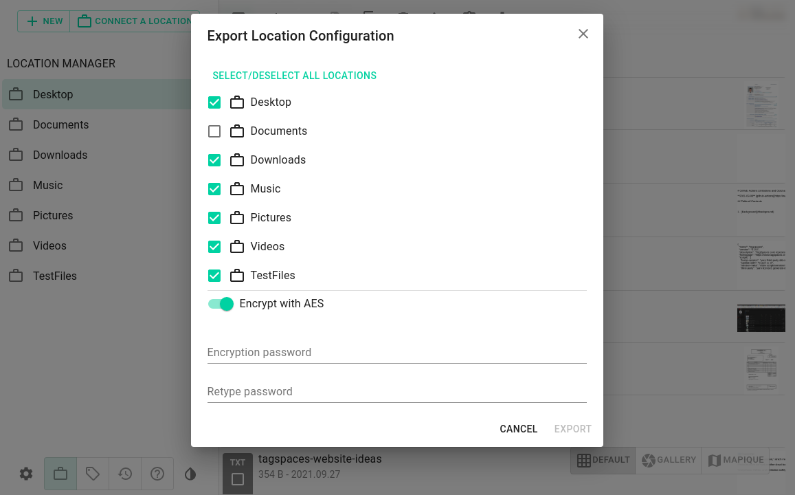 Screenshot of the location export dialog