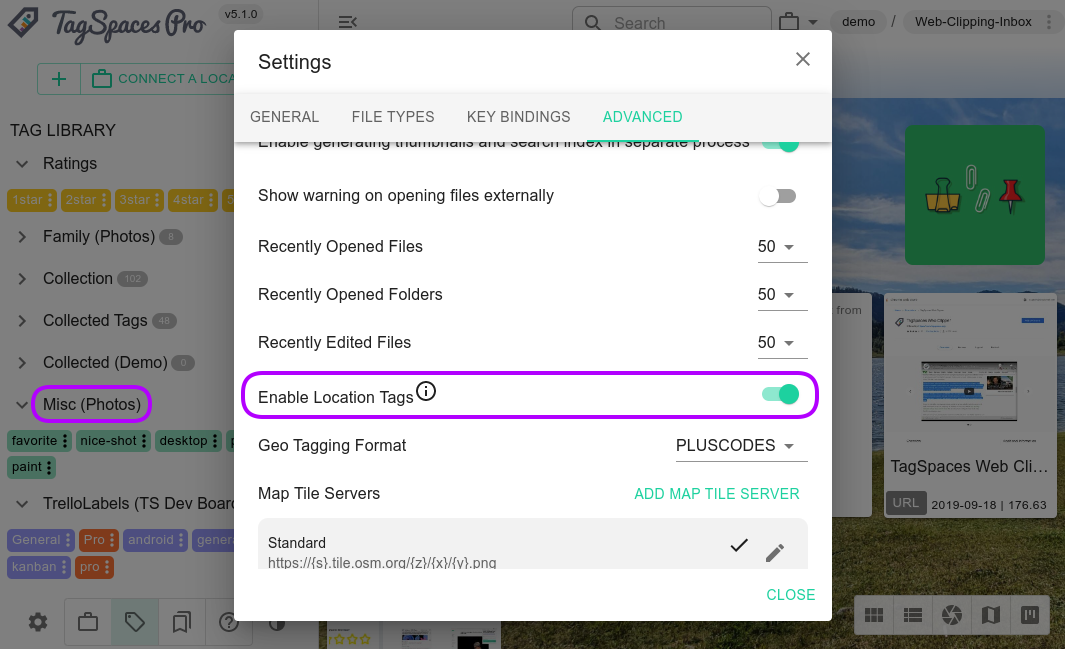 Turning on support for location tags in settings