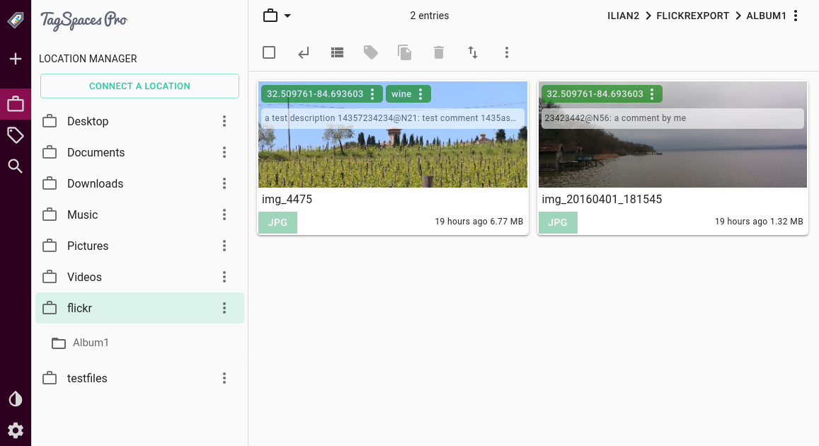 TagSpaces showing exported files from Flickr with metadata