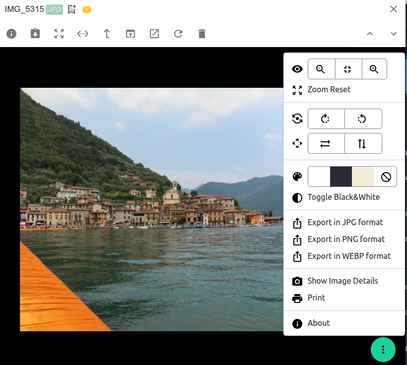 Screenshot showing the image viewer extension with its main menu open, where most features can be accessed