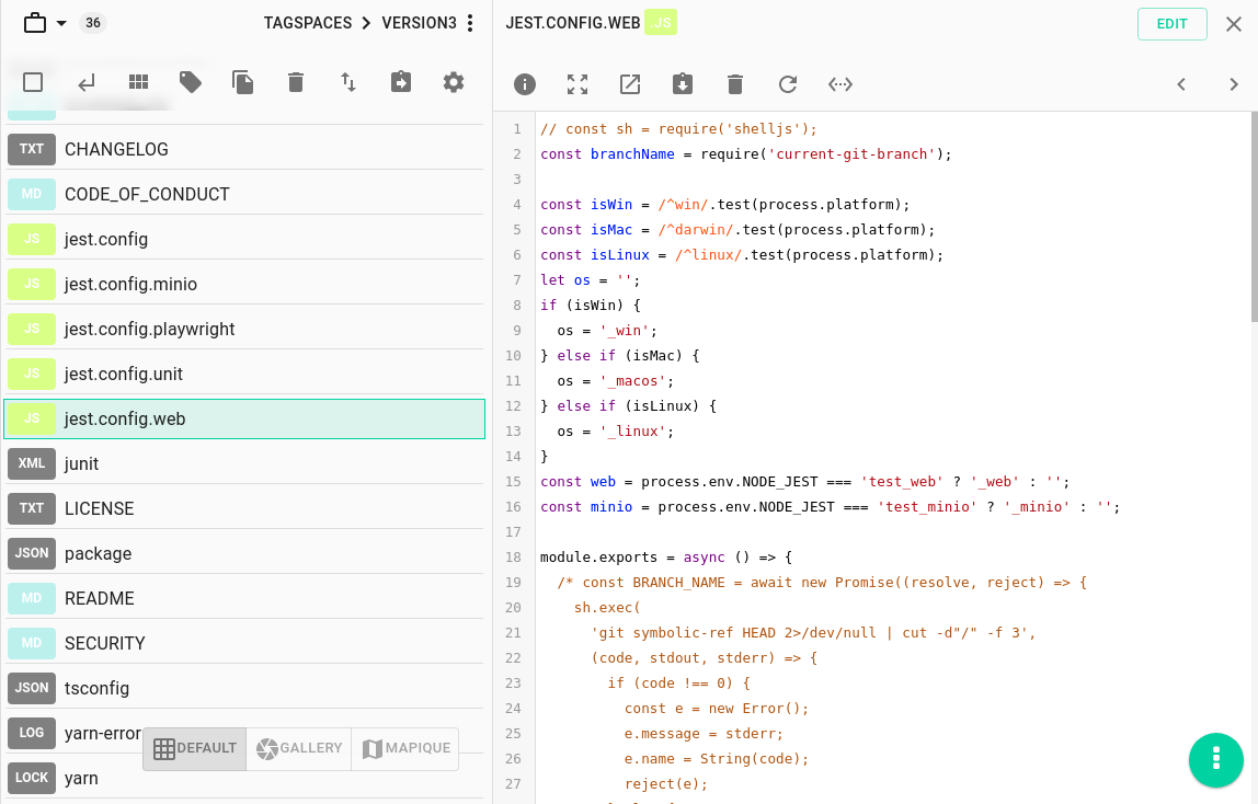 Source code highlighting in TagSpaces for a JavaScript file